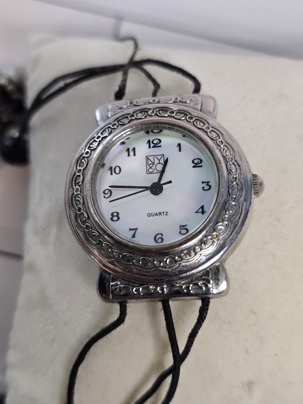 New York & Company Silver-Tone Pendant Necklace Watch with Black Cord